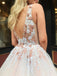 Elegant Blush Pink V-neck Floral Top Backless A-line Long Prom Dress, PD3171