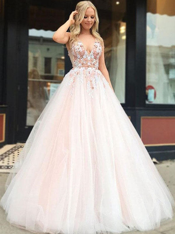 Elegant Blush Pink V-neck Floral Top Backless A-line Long Prom Dress, – AlineBridal