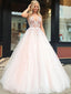 Elegant Blush Pink V-neck Floral Top Backless A-line Long Prom Dress, PD3171