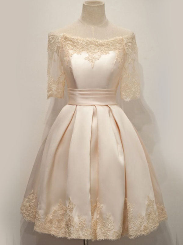 Vintage Champagne Off-Shoulder Lace Short A-line Homecoming Dress with AlineBridal Vintage Champagne Off-Shoulder Lace Short A-line Homecoming Dress with AlineBridal