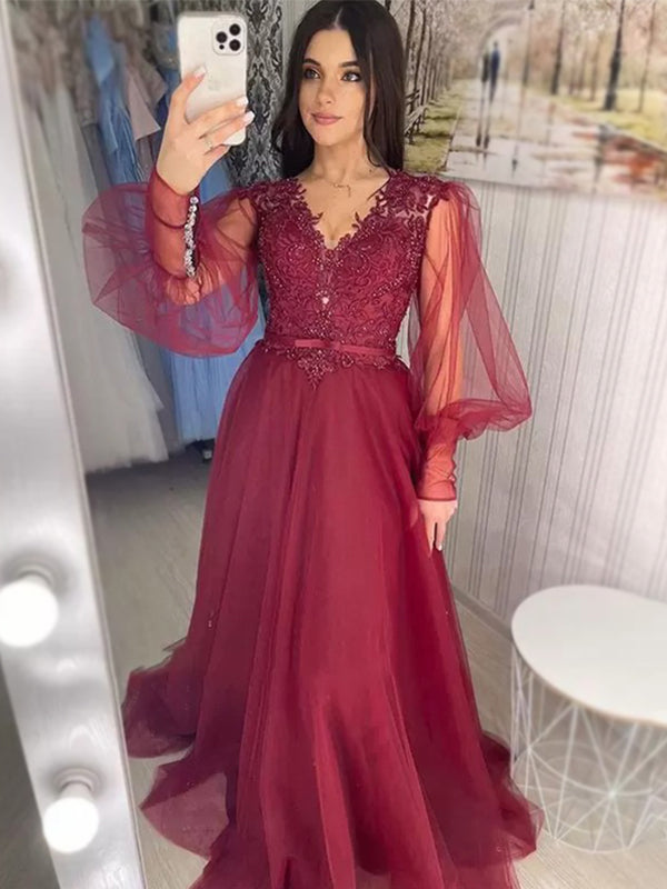 Elegant Burgundy Lace Top V-neck Tulle Sleeves A-line Prom Dress, PD33 AlineBridal Elegant Burgundy Lace Top V-neck Tulle Sleeves A-line Prom Dress, PD33 AlineBridal