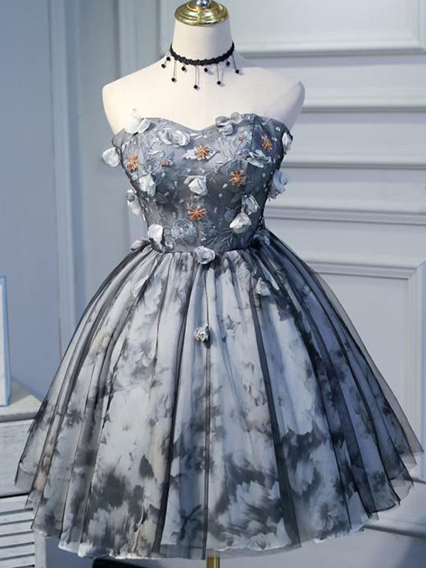 Elegant Dusty Blue Sweetheart Strapless Floral A-line Short Homecoming Dresses, HD3048