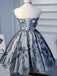 Elegant Dusty Blue Sweetheart Strapless Floral A-line Short Homecoming Dresses, HD3048