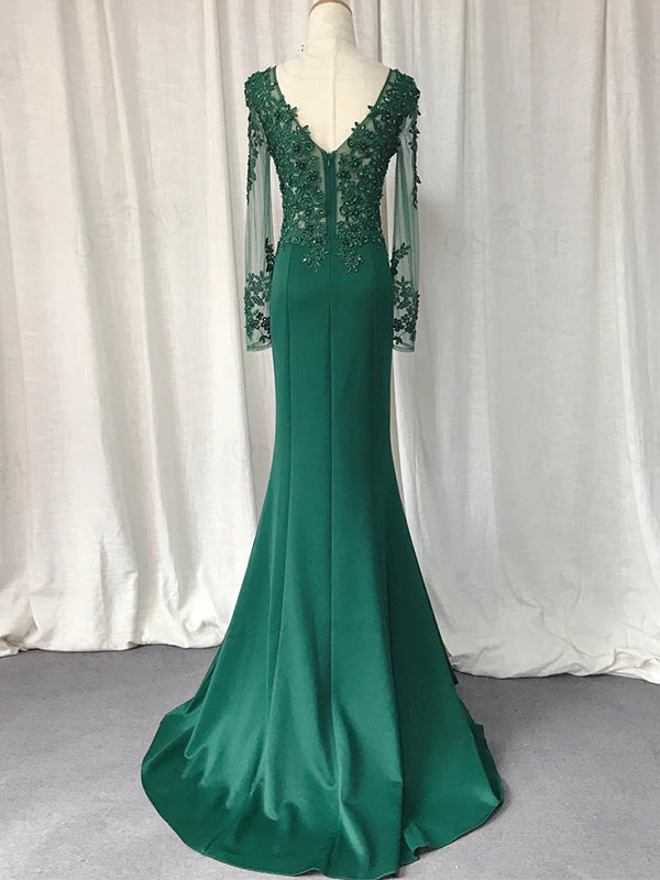 Elegant Navy Blue, Emerald Green V-neck Lace Top Mermaid Long Prom Dre AlineBridal Elegant Navy Blue, Emerald Green V-neck Lace Top Mermaid Long Prom Dre AlineBridal