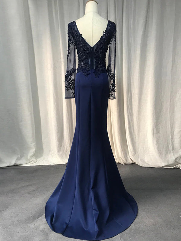 Elegant Navy Blue, Emerald Green V-neck Lace Top Mermaid Long Prom Dre AlineBridal Elegant Navy Blue, Emerald Green V-neck Lace Top Mermaid Long Prom Dre AlineBridal