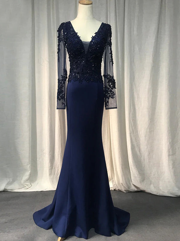 Elegant Navy Blue, Emerald Green V-neck Lace Top Mermaid Long Prom Dress, PD3336