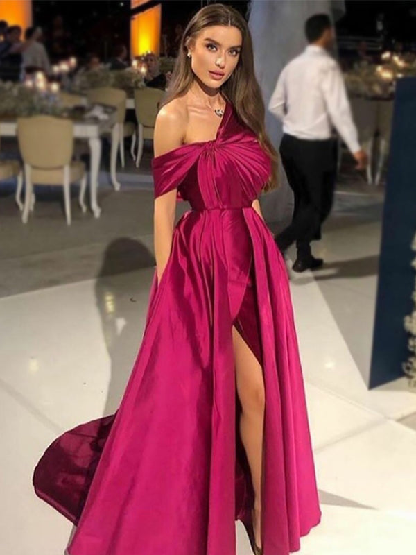 Elegant Fuschia One-shoulder Side-slit A-line Long Prom Dress, PD3356 AlineBridal Elegant Fuschia One-shoulder Side-slit A-line Long Prom Dress, PD3356 AlineBridal
