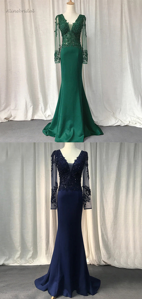 Elegant Navy Blue, Emerald Green V-neck Lace Top Mermaid Long Prom Dre AlineBridal Elegant Navy Blue, Emerald Green V-neck Lace Top Mermaid Long Prom Dre AlineBridal