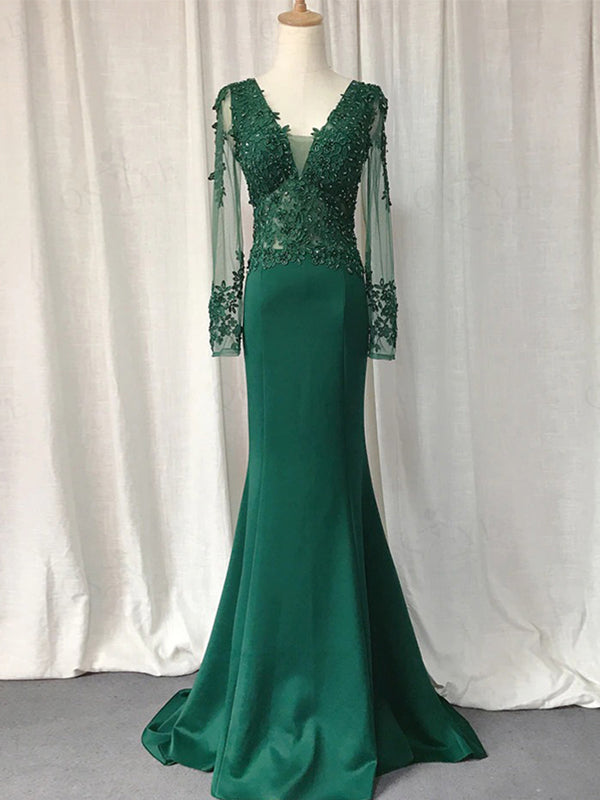 Elegant Navy Blue, Emerald Green V-neck Lace Top Mermaid Long Prom Dre AlineBridal Elegant Navy Blue, Emerald Green V-neck Lace Top Mermaid Long Prom Dre AlineBridal