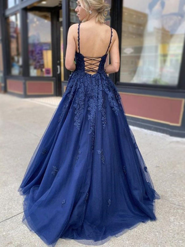 Elegant Navy Blue Lace Spaghetti Strap V-neck A-line Long Prom Dress, AlineBridal Elegant Navy Blue Lace Spaghetti Strap V-neck A-line Long Prom Dress, AlineBridal