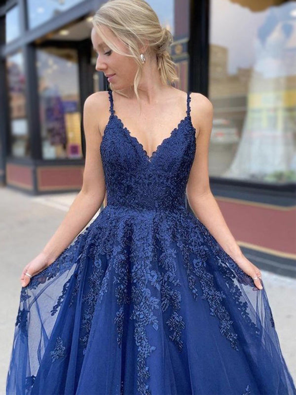 Elegant Navy Blue Lace Spaghetti Strap V-neck A-line Long Prom Dress, PD3140