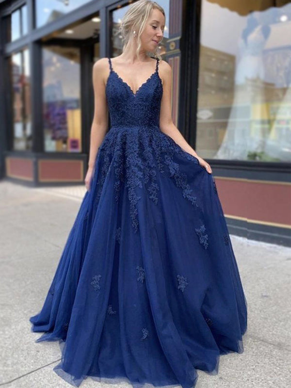 Elegant Navy Blue Lace Spaghetti Strap V-neck A-line Long Prom Dress, AlineBridal Elegant Navy Blue Lace Spaghetti Strap V-neck A-line Long Prom Dress, AlineBridal