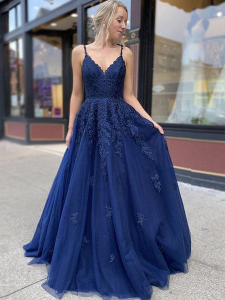 Elegant Navy Blue Lace Spaghetti Strap V-neck A-line Long Prom Dress, –  AlineBridal