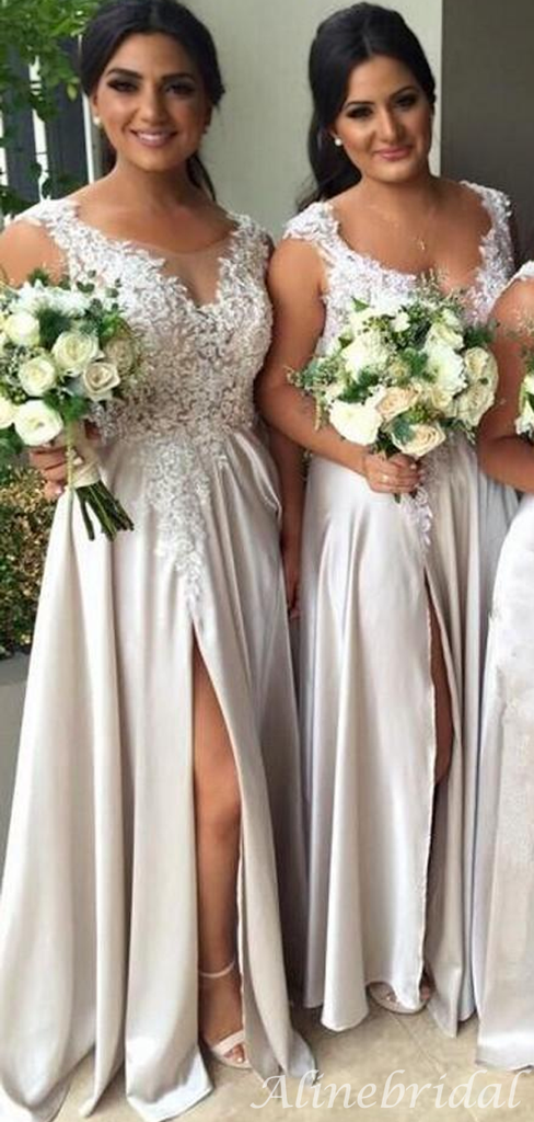 Elegant Off White Sweetheart Lace Top Side-slit Long Bridesmaid Dress, BD3060