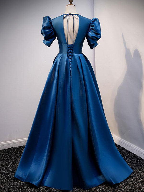 Elegant Royal Blue V-neck Short Sleeves Open Back A-line Long Prom Dre AlineBridal Elegant Royal Blue V-neck Short Sleeves Open Back A-line Long Prom Dre AlineBridal