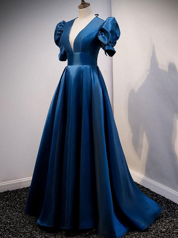 Elegant Royal Blue V-neck Short Sleeves Open Back A-line Long Prom Dre AlineBridal Elegant Royal Blue V-neck Short Sleeves Open Back A-line Long Prom Dre AlineBridal