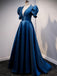 Elegant Royal Blue V-neck Short Sleeves Open Back A-line Long Prom Dress, PD3296