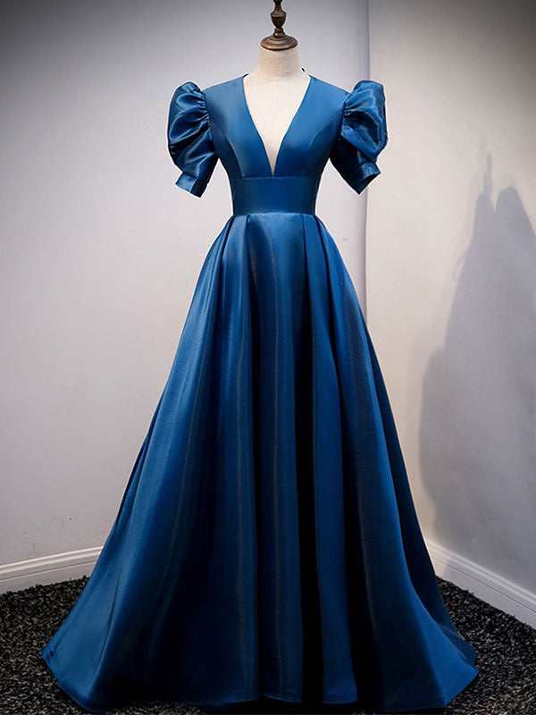 Elegant Royal Blue V-neck Short Sleeves Open Back A-line Long Prom Dre AlineBridal Elegant Royal Blue V-neck Short Sleeves Open Back A-line Long Prom Dre AlineBridal