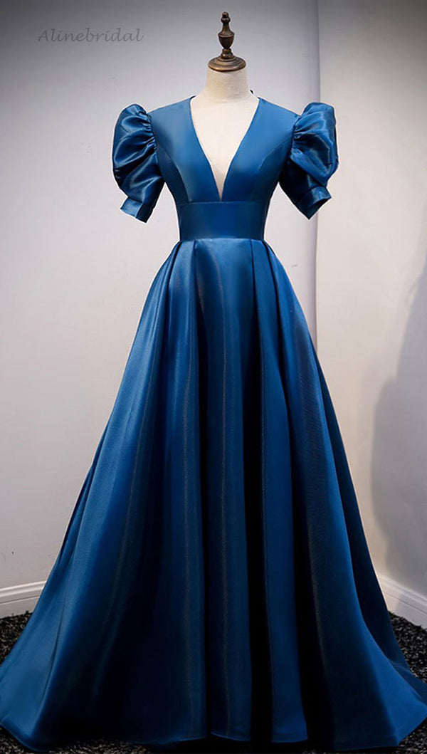 Elegant Royal Blue V-neck Short Sleeves Open Back A-line Long Prom Dre AlineBridal Elegant Royal Blue V-neck Short Sleeves Open Back A-line Long Prom Dre AlineBridal