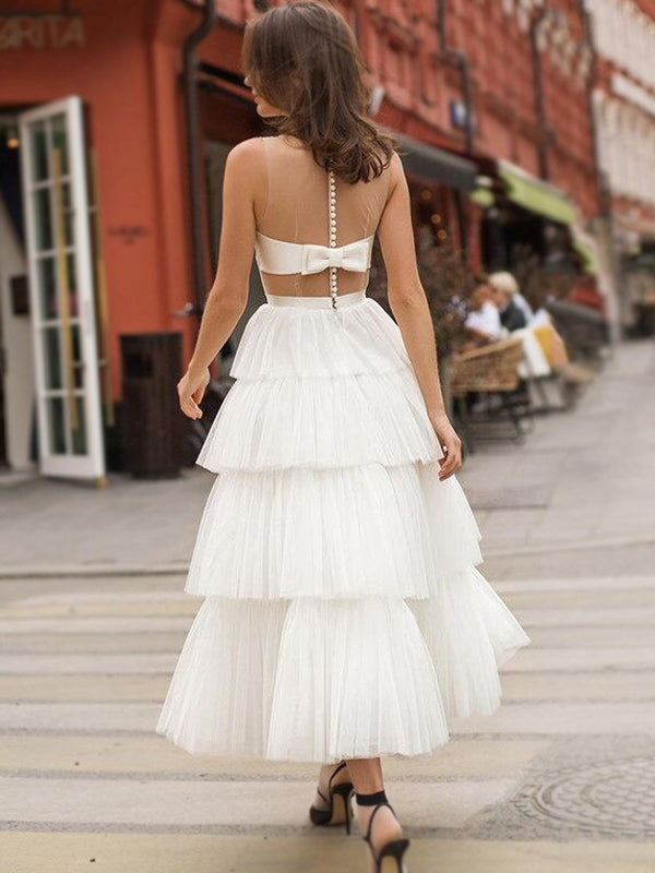 Elegant White Jewel Neck Illusion Back A-line Pleats Ankle-length Prom AlineBridal Elegant White Jewel Neck Illusion Back A-line Pleats Ankle-length Prom AlineBridal