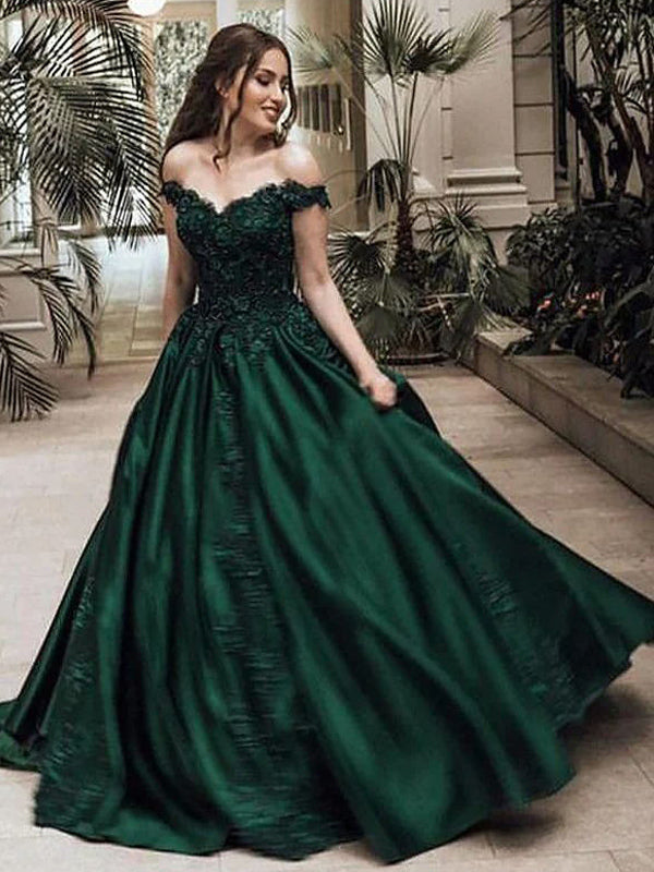 Emerald Green Off-shoulder Lace Top A-line Long Prom Dress, PD3151 AlineBridal Emerald Green Off-shoulder Lace Top A-line Long Prom Dress, PD3151 AlineBridal