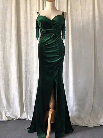Emerald Green Spaghetti Straps Sweetheart Tasssels Mermaid Side-slit Long Bridesmaid Prom Dress, PD3338