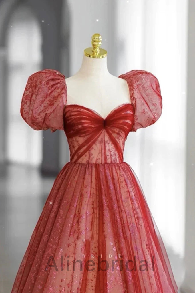 Elegant Sweetheart Cap sleeves A-line Long Prom Dress, PD3604