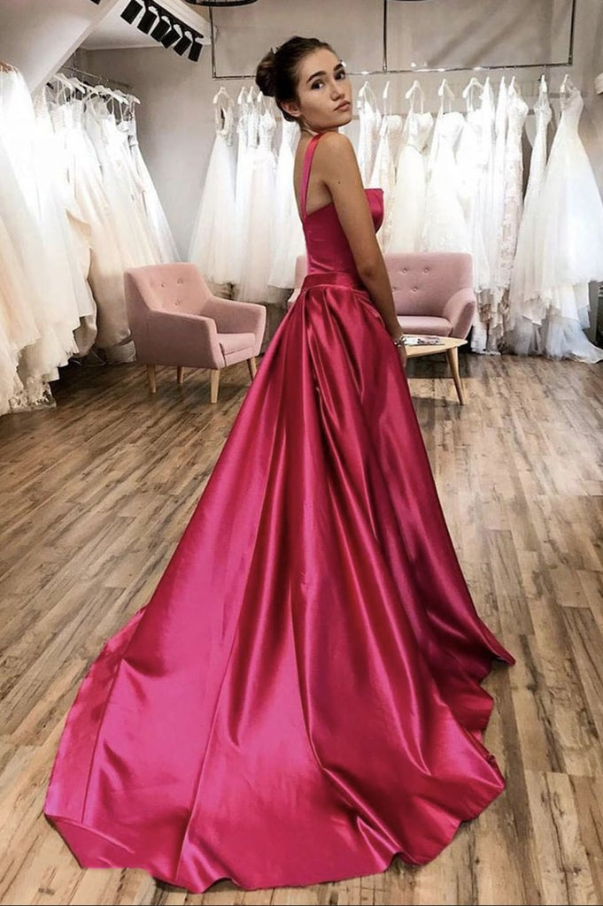 Formal Fuschia Soaghetti Straps V-neck A-line Long Prom Dress, Gown, PD3319