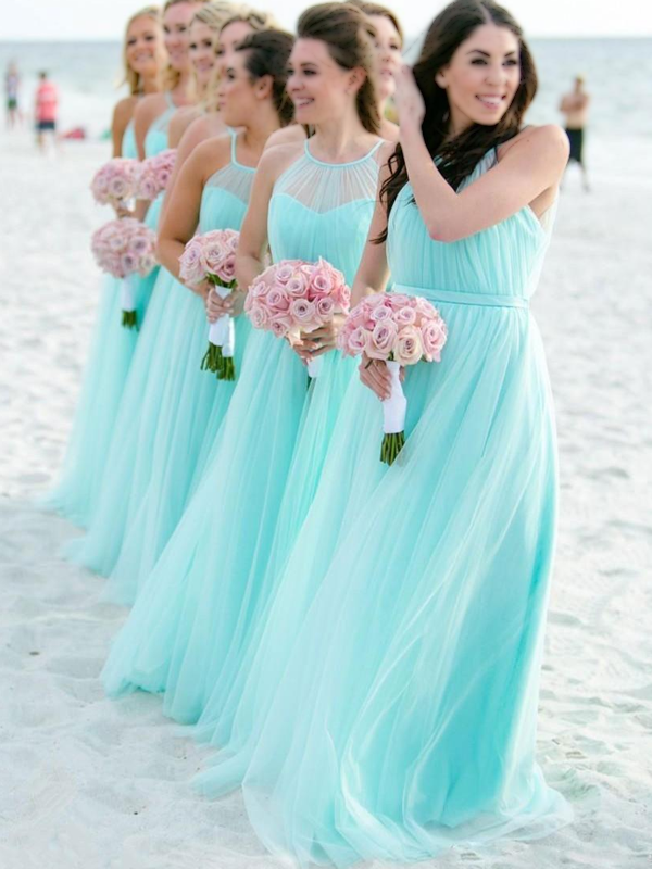 Fresh Baby Blue Tulle Sheath Sweetheart Halter Long Bridesmaid Dress BD3057