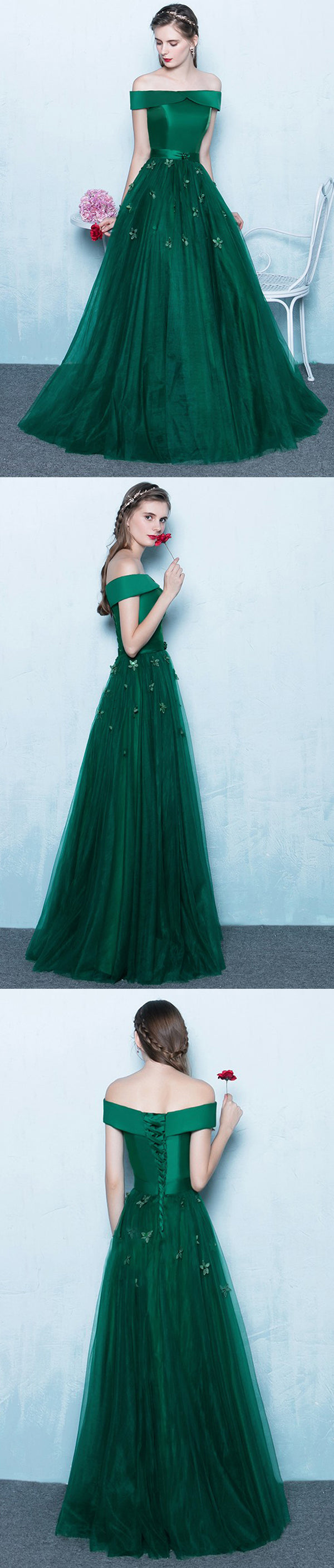 Green Off Shoulder Lace Up Back Appliques Party For Teens Prom Gown Dr AlineBridal Green Off Shoulder Lace Up Back Appliques Party For Teens Prom Gown Dr AlineBridal