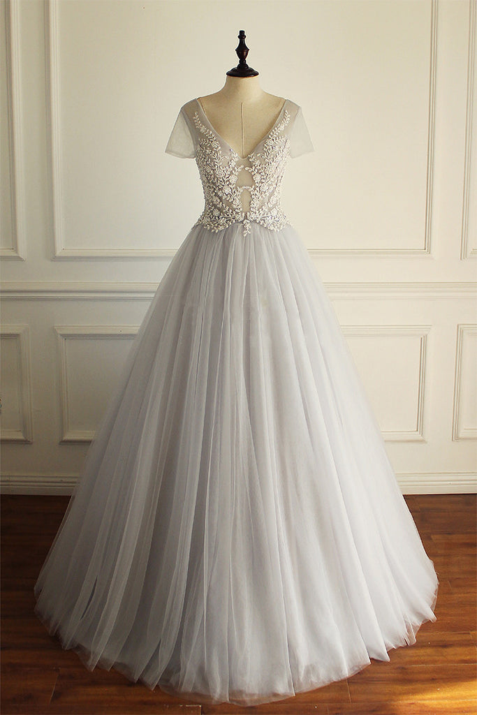 Elegant A-line Short Illusion Sleeve Appliques Rhinestone Lace Up Back Floor Length  Wedding Dress, AB1095