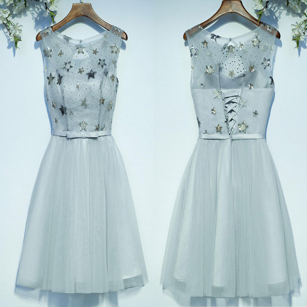 Cute Lovely Sleeveless Scoop Neckline Bow Sash Lace Up Back Star Appliques Sequins Beads Homecoming Dresses,BD00204