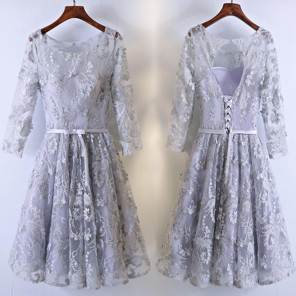 Elegant Unique Lavender Floral Prints Lace Long Sleeve Keyhole Lace Up Back Homecoming Dresses,BD00211