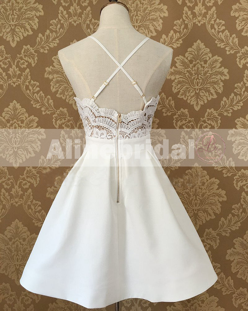 Elegant Ivory Lace Top Spaghetti Strap A-line For Teens Homecoming Dresses,BD00219