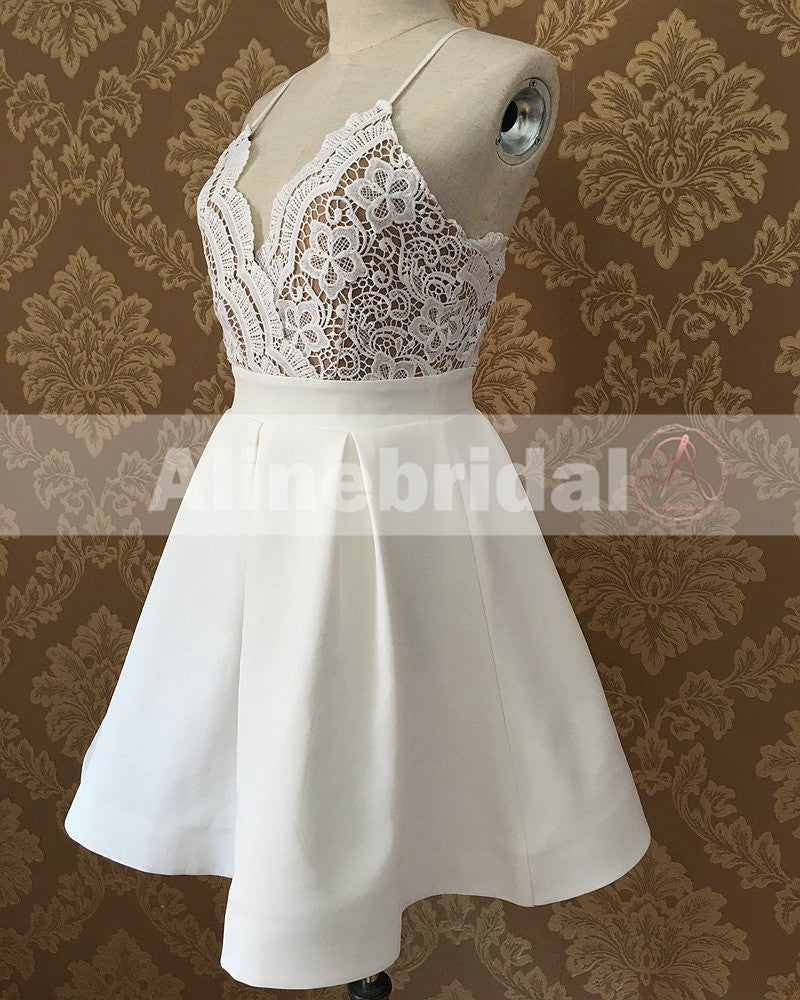 Elegant Ivory Lace Top Spaghetti Strap A-line For Teens Homecoming Dresses,BD00219