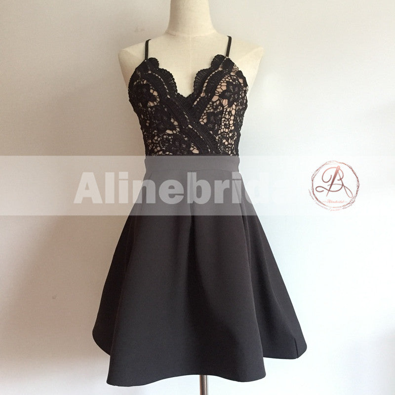 Popular Black Lace Top Spaghetti Strap Criss-Cross Backless A-line  Homecoming Dresses,BD00220