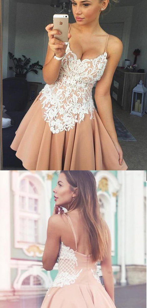 Pretty Spaghetti Strap Backless Lace Applique A Line Short Homecoming Dress, BTW271