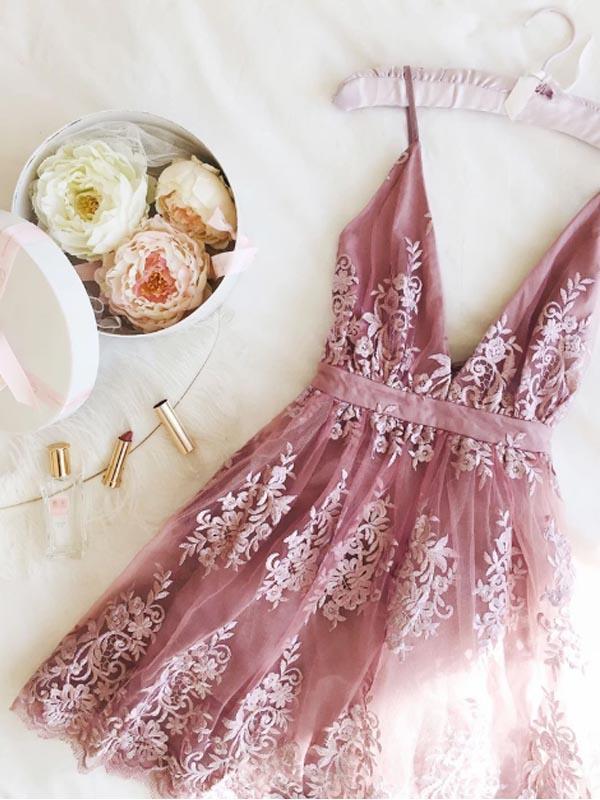Elegant Dusty Rose V Neck Lace A Line Short Homecoming Dress, BTW273 AlineBridal Elegant Dusty Rose V Neck Lace A Line Short Homecoming Dress, BTW273 AlineBridal