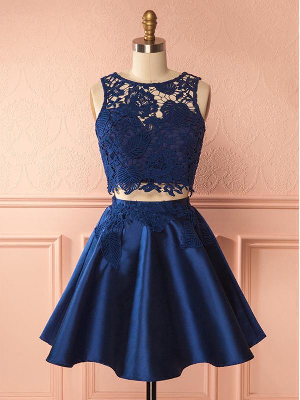 Two Pieces Navy Blue Lace Top Satin A Line Short Homecoming Dress, BTW274