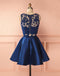 Two Pieces Navy Blue Lace Top Satin A Line Short Homecoming Dress, BTW274