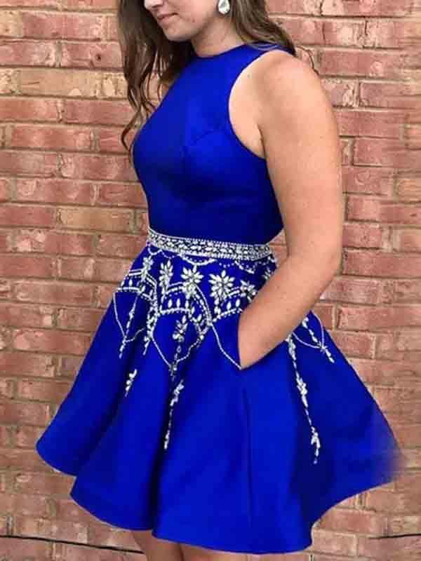 Royal Blue Halter With Pocket Beaded Satin A Line Short Homecoming Dress, BTW275