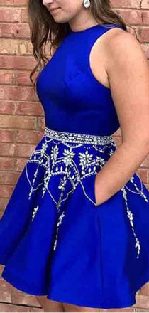 Royal Blue Halter With Pocket Beaded Satin A Line Short Homecoming Dress, BTW275