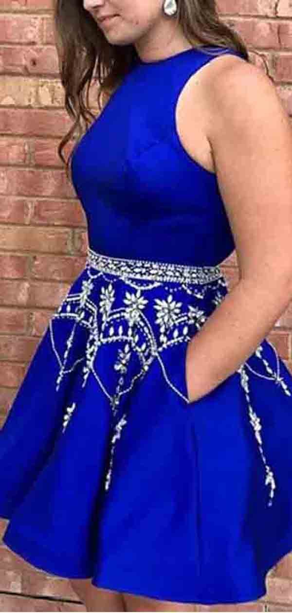 Royal Blue Halter With Pocket Beaded Satin A Line Short Homecoming Dre AlineBridal Royal Blue Halter With Pocket Beaded Satin A Line Short Homecoming Dre AlineBridal