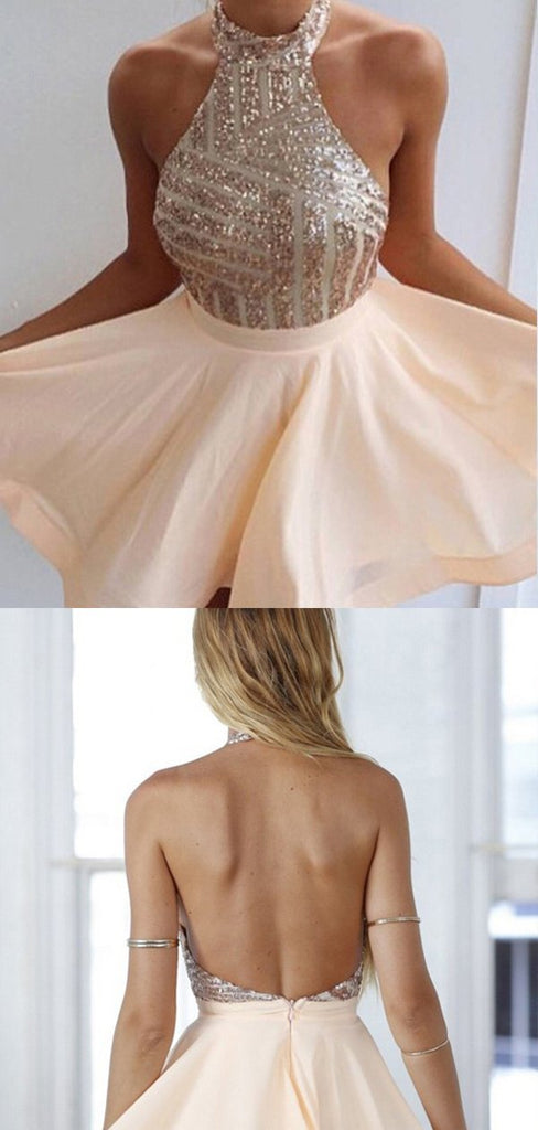 Sparly Halter Sequin Backless Satin A Line Short Homecoming Dress, BTW276