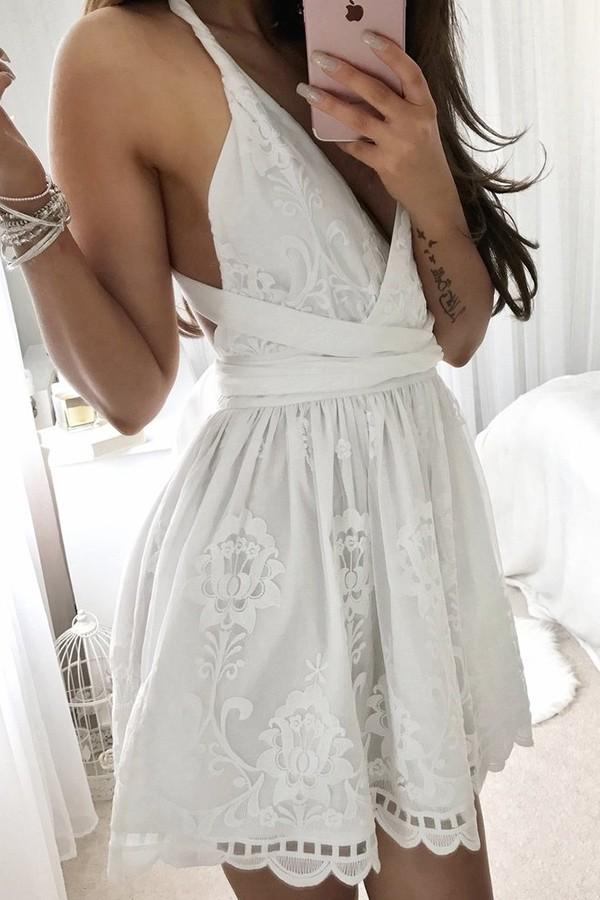 Fashion V Neck Criss Cross White Lace A Line Short Homecoming Dresses, AlineBridal Fashion V Neck Criss Cross White Lace A Line Short Homecoming Dresses, AlineBridal