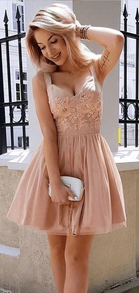Elegant Dusty Pink Lace Applique Tulle A Line Short Homecoming Dress, BTW277