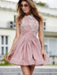Fashion Round Neck Lace Applique Satin A Line Short Homecoming Dress, BTW282