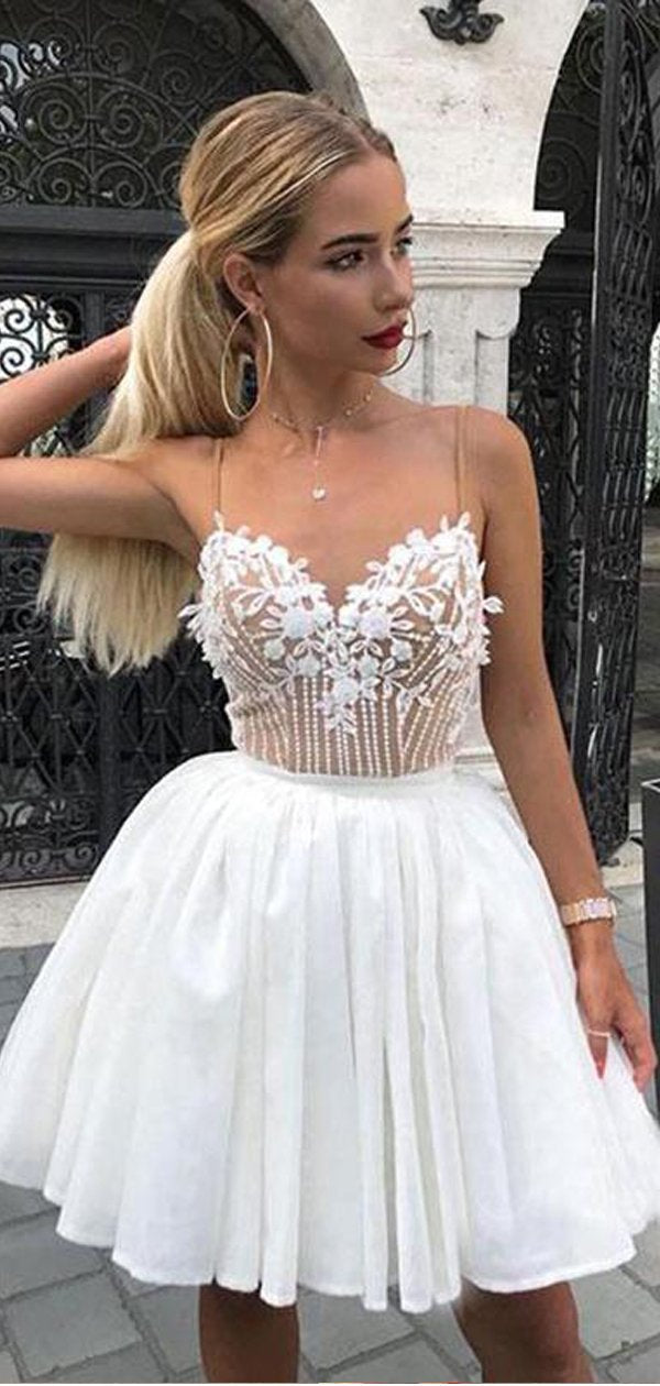 Pretty Spaghetti Strap Lace Appliique A Line Short Homecoming Dress, B AlineBridal Pretty Spaghetti Strap Lace Appliique A Line Short Homecoming Dress, B AlineBridal