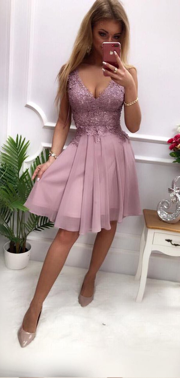 Dusty Purple V Neck Lace Applique Chiffon A Line Short Homecoming Dres AlineBridal Dusty Purple V Neck Lace Applique Chiffon A Line Short Homecoming Dres AlineBridal