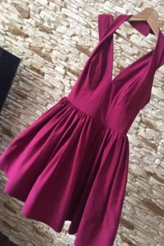 Modern Rose Red V Neck Satin A Line Short Homecoming Dresses, BTW294